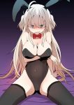  absurdres ace_of_spades ahoge animal_ears bare_shoulders between_breasts black_legwear black_leotard blonde_hair blue_eyes blush bow breasts bunny_ears bunny_girl bunny_tail bunnysuit bural_chingu card card_between_breasts cleavage covered_navel detached_collar eyebrows_visible_through_hair fake_animal_ears fang highres large_breasts leotard long_hair looking_at_viewer luke_(dydansgur) original park_noah playing_card shaded_face smile solo strapless strapless_leotard sweatdrop tail thighhighs two_side_up very_long_hair 
