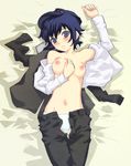  bed blue_eyes blue_hair breasts hat highres jacket lying medium_breasts nagy nipples open_clothes open_fly open_shirt panties persona persona_4 shirogane_naoto shirt short_hair solo topless underwear unzipped 