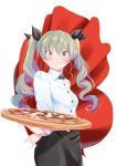  1girl absurdres anchovy arm_behind_back black_ribbon blush bow bowtie breast_pocket brown_eyes cowboy_shot drill_hair fingernails food girls_und_panzer green_hair hair_between_eyes hair_ribbon highres long_fingernails looking_at_viewer oze_(xyz_go_go11) pizza pocket ribbon smile solo tray twin_drills waiter white_background 
