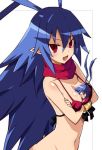  1girl bikini_top blue_hair blush breasts character_doll cleavage disgaea disgaea_d2 fang genderswap genderswap_(mtf) hands_on_hips iwasi-r laharl laharl-chan large_breasts open_mouth pointy_ears red_eyes slit_pupils swimsuit 