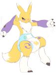  2018 3_fingers absurd_res ambiguous_gender anthro balancing blue_eyes blush canid canine chest_tuft claws diaper digimon digimon_(species) fingers fur hi_res mammal one_eye_closed ozzybear renamon simple_background solo standing stumbling tuft white_background white_body white_fur yellow_body yellow_fur 