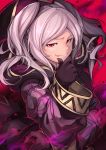  1girl :p aura closed_mouth dark_aura fire_emblem fire_emblem_awakening fire_emblem_heroes gloves grima_(fire_emblem) highres hood long_sleeves nakabayashi_zun red_eyes robin_(fire_emblem) robin_(fire_emblem)_(female) smile solo tongue tongue_out twintails upper_body white_hair 