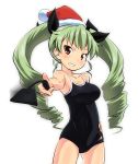  1girl anchovy bare_shoulders blush breasts brown_eyes christmas cleavage collarbone covered_navel drill_hair eyebrows_visible_through_hair girls_und_panzer green_hair hair_ornament hair_ribbon hand_on_hip hat kusaba_(kusabashiki) large_breasts looking_at_viewer parted_lips ribbon santa_hat shiny shiny_hair shiny_skin simple_background smile solo standing swimsuit swimwear teeth twin_drills twintails white_background 