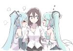  &gt;_&lt; 3girls =3 anger_vein angry aqua_bow aqua_hair aqua_neckwear backless_outfit bare_shoulders black_sleeves bow bowtie brown_hair closed_eyes commentary detached_sleeves dual_persona from_side grey_shirt hair_ornament hatsune_miku heart holding_arm jealous long_hair looking_at_another magical_mirai_(vocaloid) master_(vocaloid) multiple_girls necktie nejikyuu open_mouth shirt shoulder_tattoo sleeveless sleeveless_shirt smile standing tattoo twintails upper_body v-shaped_eyebrows very_long_hair vocaloid white_background white_shirt white_sleeves 