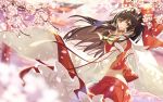  1girl augu_(523764197) bare_back bare_shoulders black_hair bow brown_hair cherry_blossoms detached_sleeves frilled_bow frills hair_bow hair_tubes hakurei_reimu long_hair looking_at_viewer looking_back petals red_bow red_eyes red_shirt red_skirt shirt skirt sleeveless sleeveless_shirt smile solo torii touhou yellow_neckwear 