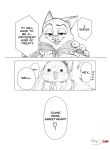  &lt;3 anthro black_and_white blush bodily_fluids canid canine clothed clothing comic dialogue disney duo edit english_text fox fur hard_translated judy_hopps lagomorph leporid looking_at_another mammal monochrome nick_wilde rabbit red_fox rikuo_(artist) simple_background speech_bubble sweat sweatdrop text translated white_background zootopia 