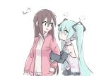  2girls =3 aqua_hair aqua_neckwear bare_shoulders black_skirt black_sleeves brown_hair commentary detached_sleeves grey_shirt hair_ornament hatsune_miku holding_arm jacket leaning_forward light_blush long_hair looking_at_another master_(vocaloid) multiple_girls necktie nejikyuu open_mouth pink_jacket shirt shoulder_tattoo skirt sleeveless sleeveless_shirt sweater tattoo turtleneck turtleneck_sweater twintails upper_body very_long_hair visible_air vocaloid white_background white_shirt white_sweater 