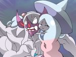  2019 blue_hair bodily_fluids fangs female grimmsnarl hair hatterene hug humanoid long_hair male male/female nintendo pok&eacute;mon pok&eacute;mon_(species) sharekou1be shiny_pok&eacute;mon size_difference smaller_female smile sweat sweatdrop video_games white_hair worried 