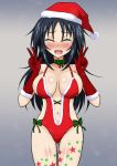  1girl ass_visible_through_thighs black_hair blush breasts breasts_apart christmas cleavage closed_eyes collarbone covered_nipples double_v eyebrows_visible_through_hair freckles girls_und_panzer gloves gradient gradient_background groin hat izumi_(izumi_p) large_breasts long_hair navel open_mouth red_gloves santa_hat shiny shiny_hair shiny_skin simple_background smile solo standing trembling v yamagou_ayumi 