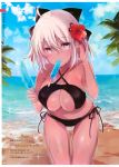  1girl absurdres bare_arms bare_shoulders beach bikini black_bikini black_bow blue_sky bow breasts character_name cleavage cleavage_cutout cloud cloudy_sky collarbone criss-cross_halter dark_skin day english_text fate/grand_order fate_(series) flower flower_knot food food_in_mouth hair_bow hair_flower hair_ornament halterneck highres holding holding_food horizon koha-ace large_breasts leaning_forward long_hair mouth_hold navel ocean okita_souji_(alter)_(fate) okita_souji_(fate)_(all) outdoors popsicle red_flower sand scan side-tie_bikini silver_hair sky solo standing swimsuit water yuge_(mkmk) 