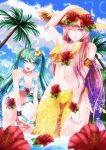  2girls :d ;o aqua_eyes aqua_hair ball beachball bikini bikini_skirt blue_bikini blue_eyes breasts cleavage cloud floral_print flower fuyuki_jun hair_flower hair_ornament hatsune_miku highres large_breasts long_hair megurine_luka multiple_girls navel one_eye_closed open_mouth palm_tree pink_hair sarong smile swimsuit tree twintails vocaloid water yellow_bikini 