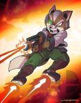  angry anthro bodily_fluids boots canid canine clothing crikeydave fingerless_gloves fire footwear fox fox_mccloud gloves green_eyes gun handgun handwear jacket logo male mammal nintendo open_mouth ranged_weapon solo star_fox super_smash_bros. sweat teeth text tongue topwear url video_games weapon 