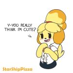  animal_crossing anthro bell blush canid canine canis clothed clothing dialogue domestic_dog english_text female fur hair isabelle_(animal_crossing) mammal nintendo shih_tzu smile starshippizza text toy_dog video_games white_body white_fur yellow_body yellow_fur 