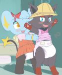  &lt;3 2017 anthro black_nose blue_eyes bow_tie clothing cub cute_fangs diaper dress dressing duo female furgonomics hat headgear headwear looking_at_another nintendo one_eye_closed open_mouth ozzybear pawpads pink_pawpads pok&eacute;ball pok&eacute;mon pok&eacute;mon_(species) raised_arm shinx standing tongue tongue_out video_games yellow_eyes young zorua 