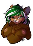  2019 areola breasts digital_media_(artwork) eyebrows eyelashes furkinghell green_eyes green_hair grey_nose hair mammal mustelid musteline nipples simple_background white_background wolverine 