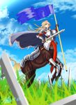  1girl ahoge armor bangs belt blonde_hair blue_flag blunt_bangs breastplate breasts broken broken_sword broken_weapon capelet centaur chainmail cleavage_cutout cloud commentary dated field flag full_armor gauntlets grass holding holding_flag holding_sword holding_weapon hooves horse_tail knight large_breasts long_hair looking_at_viewer mixed-language_commentary monster_girl multiple_legs original plate_armor red_eyes sheath shin_guards signature sky solo sword tail thick_eyebrows weapon zippedsquire 