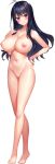  1girl absurdres artist_request barefoot black_hair blush copyright_request full_body highres long_hair looking_at_viewer navel nipples no_pussy nude purple_eyes shiny shiny_skin solo transparent_background 
