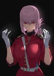  1girl absurdres bangs belt between_breasts braid breasts chaoxi crossover epaulettes eyebrows_visible_through_hair fate/grand_order fate_(series) florence_nightingale_(fate/grand_order) gloves hair_between_eyes highres jacket kamen_rider kamen_rider_ex-aid kamen_rider_ex-aid_(series) large_breasts long_hair long_sleeves looking_at_viewer military_jacket pink_hair red_eyes red_jacket sleeves_folded_up solo strap_between_breasts upper_body white_belt white_gloves 
