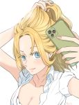  1girl adjusting_hair arm_up blonde_hair blue_eyes blush breasts casual cellphone cleavage closed_mouth commentary dress_shirt ei_(akinosakae) girls_und_panzer hand_in_hair holding holding_cellphone holding_phone kay_(girls_und_panzer) long_hair looking_at_viewer medium_breasts nail_polish phone pink_nails self_shot shirt short_sleeves sleeves_rolled_up smartphone smile solo twitter_username white_shirt 