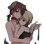  2girls animal_ears blonde_hair blue_collar blue_eyes bra brown_eyes brown_hair collar commentary_request dog_collar dog_ears erica_hartmann gertrud_barkhorn highres hug ichiren_namiro leash long_hair looking_at_viewer low_twintails multicolored_hair multiple_girls red_collar short_hair strike_witches tail twintails two-tone_hair underwear white_background world_witches_series 
