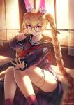  1girl :q absurdres animal_ear_fluff animal_ears black_serafuku black_shirt black_skirt blonde_hair braid collarbone commentary desk dog_tags fox_ears girls_frontline glasses hair_ornament hairclip highres index_finger_raised indoors jewelry kintsao long_hair long_sleeves looking_at_viewer neckerchief on_desk panties panty_peek pantyshot pantyshot_(sitting) pink_eyes pleated_skirt red-framed_eyewear red_legwear ring round_eyewear sailor_collar school_uniform serafuku shirt sitting sitting_on_desk skirt smile socks solo sr-3mp_(girls_frontline) sunlight thighs tongue tongue_out twin_braids twintails underwear v-shaped_eyebrows very_long_hair watermark window 