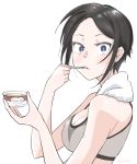  1girl bangs black_eyes black_hair breasts bright_pupils chouno_ami cleavage commentary eating ei_(akinosakae) food from_side girls_und_panzer grey_sports_bra holding holding_food holding_spoon ice_cream looking_at_viewer medium_breasts short_hair simple_background solo spoon spoon_in_mouth sports_bra surprised swept_bangs towel towel_around_neck twitter_username upper_body white_background white_pupils white_towel 