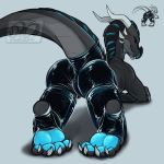  2019 4_fingers absurd_res all_fours anthro ass_up bedroom_eyes black_body black_scales black_sclera blue_body blue_eyes blue_paws blue_scales butt claws clothing countershade_tail countershade_torso countershading crossed_arms dragon fingers glistening glistening_clothing glowing glowing_markings grey_background grey_body grey_countershading grey_scales half-closed_eyes hi_res horn idoodle2draw inviting kneeling latex_clothing latex_footwear latex_stockings looking_at_viewer male markings narrowed_eyes nude perineum portrait pose presenting presenting_hindquarters raised_tail rear_view rubber scales scalie seductive sharp_teeth signature simple_background smile smirk solo spikes teasing teeth tight_clothing xero_(captainscales) 