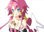  1girl blue_eyes braid breasts cleavage disgaea iwasi-r large_breasts long_hair makai_senki_disgaea_4 money pink_hair red_eyes sidelocks smile solo tongue tongue_out upper_body vulcanus_(disgaea_4) wings 