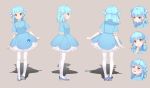  1girl 779420 :o absurdres bangs blue_dress blue_footwear blue_hair blush character_sheet chinese_clothes chinese_commentary commentary_request dress expressions eyebrows_visible_through_hair finger_to_mouth frilled_dress frills from_behind from_side full_body highres leaning_to_the_side looking_at_viewer medium_hair multiple_views nose_blush open_mouth original pantyhose petticoat pink_background pom_pom_(clothes) shoes short_dress short_sleeves simple_background standing turnaround two_side_up wavy_mouth yellow_eyes 