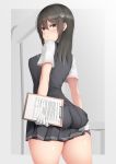  1girl :t ass ass_support bangs black_hair black_skirt black_vest clipboard cowboy_shot eyebrows_visible_through_hair from_behind gloves grey_eyes hair_ornament hairclip holding holding_clipboard kantai_collection long_hair looking_at_viewer looking_back ne_an_ito oyashio_(kantai_collection) pleated_skirt pout shirt short_sleeves skirt solo standing vest white_gloves white_shirt 