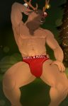  2019 abs anthro antlers biceps blue_eyes brown_body brown_fur brown_hair bulge cervid cervine christmas christmas_tree clothed clothing elk fur hair holidays horn looking_at_viewer male mammal muscular muscular_male nipples ornaments pecs pig_(artist) pinup pose quads sitting smile solo teeth tree triceps underwear 