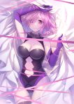  1girl arm_up bare_shoulders bed_sheet black_leotard blush breasts cleavage cleavage_cutout closed_mouth curry_bowl elbow_gloves eyes_visible_through_hair fate/grand_order fate_(series) from_above frown gloves hair_over_one_eye highres large_breasts leotard lying mash_kyrielight navel_cutout on_back on_bed pink_hair pink_ribbon purple_eyes purple_gloves ribbon sheet_grab short_hair solo thigh_gap 