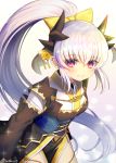  1girl breasts eyebrows_visible_through_hair fate/extra fate/grand_order fate_(series) grey_hair hair_ornament high_ponytail horns japanese_clothes kiyohime_(fate/grand_order) long_hair looking_at_viewer minamo25 open_mouth red_eyes smile solo very_long_hair 