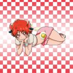  1girl animal_ears bell checkered checkered_background closed_mouth crop_top full_body grey_shirt head_rest horns looking_at_viewer lying midriff natsuki_rin navel niita on_side pink_shorts precure red_eyes red_hair shiny shiny_hair shirt short_hair short_shorts short_sleeves shorts smile solo stomach yes!_precure_5 