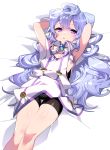  1boy :o anpolly armpits arms_behind_head bed_sheet bike_shorts blue_hair eyebrows_visible_through_hair hacka_doll hacka_doll_3 hair_between_eyes highres legs long_hair looking_at_viewer lying male_focus on_back otoko_no_ko purple_eyes solo thigh_gap 