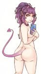  1girl ass ass_focus auer(noone) breasts cellphone demon_tail elf hair_ornament hairclip horns looking_back noone phone pointy_ears purple_eyes purple_hair self_shot tagme tail 
