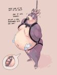  2019 anthro antlers balls bdsm belly big_belly bondage bound cervid cervine chain chastity_cage chastity_device dialogue digital_drawing_(artwork) digital_media_(artwork) disembodied_hand duo embarrassed english_text fur harness horn male mammal multicolored_body multicolored_fur nipples nude overweight overweight_male pawpadpup pawpadpup_(characters) penis simple_background solo_focus text varmint 