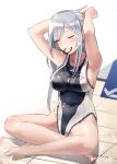  1girl ak-12_(girls_frontline) armpits arms_up bangs bare_arms bare_legs bare_shoulders barefoot blush breasts closed_eyes closed_mouth collarbone commentary_request competition_swimsuit covered_navel eyebrows_visible_through_hair full_moon girls_frontline highres indian_style large_breasts long_hair moon on_floor one-piece_swimsuit parted_bangs shirosaba sideboob signature silver_hair sitting smile solo swimsuit tying_hair very_long_hair water wet wet_clothes wet_swimsuit 
