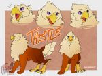  abstract_background ankle_tuft avian beak brown_body brown_feathers brown_fur chest_tuft claws conditional_dnp digital_media_(artwork) feathers female feral frisky_ferals fur gryphon head_tuft hindpaw leg_tuft logo looking_at_viewer model_sheet neck_tuft open_mouth paws purple_eyes purple_sclera sefeiren standing thistle tongue tuft white_body white_feathers 
