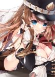  1girl 218 black_headwear blue_eyes breasts brown_hair cleavage closed_mouth fingernails granblue_fantasy hat large_breasts lecia_(granblue_fantasy) long_hair looking_at_viewer lying on_stomach peaked_cap red_neckwear red_ribbon ribbon smile solo 