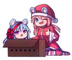  2girls :o ;d alternate_costume animal_ears bear_ears blue_eyes blue_hair box cardboard_box chibi coat commentary directional_arrow english_commentary eyebrows_visible_through_hair eyes_visible_through_hair hat in_box in_container leg_warmers long_hair long_sleeves looking_at_viewer low_twintails multiple_girls nieve_(rabi_ribi) nixie_(rabi_ribi) one_eye_closed open_mouth pink_eyes pink_hair pom_pom_(clothes) rabi-ribi red_coat red_ribbon ribbon santa_costume santa_hat simple_background smile speckticuls striped striped_legwear thighhighs thumbs_up twintails v-shaped_eyebrows white_background wide_sleeves 
