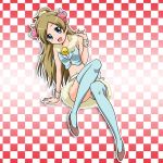  1girl animal_ears arm_support bangs blue_eyes blue_legwear brown_footwear brown_hair checkered checkered_background crop_top full_body horns leaning_to_the_side long_hair looking_at_viewer midriff minamino_kanade miniskirt navel niita parted_bangs precure pumps shiny shiny_hair sitting skirt sleeveless solo stomach suite_precure thighhighs very_long_hair wrist_cuffs zettai_ryouiki 