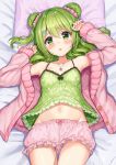  1girl akabane_(zebrasmise) armpits arms_up bloomers blush breasts buttons cardigan collarbone commentary double_bun green_camisole green_eyes green_hair groin hair_ornament hair_scrunchie hairclip jewelry long_hair long_sleeves looking_at_viewer lying midriff morinaka_kazaki nail_polish navel necklace nijisanji on_back on_bed on_pillow open_cardigan open_clothes open_mouth pink_cardigan pink_nails polka_dot polka_dot_shirt scrunchie shirt sleeveless sleeveless_shirt small_breasts solo thighs underwear virtual_youtuber 
