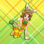  1girl :d all_fours animal_ears brown_eyes brown_hair bunny_ears bunny_tail fake_animal_ears fake_tail full_body gloves gradient gradient_background green_background green_skirt hairband happinesscharge_precure! looking_at_viewer miniskirt niita oomori_yuuko open_mouth orange_neckwear pantyhose precure shiny shiny_hair short_hair skirt sleeveless smile solo striped striped_legwear tail white_gloves white_hairband yellow_background 