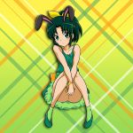  1girl animal_ears back_bow bangs bow bracelet bunny_ears collarbone dress full_body gradient gradient_background green_background green_dress green_eyes green_footwear green_hair green_legwear hair_bow hair_intakes high_ponytail jewelry looking_at_viewer midorikawa_nao necklace niita orange_bow precure pumps shiny shiny_hair short_dress short_hair sitting sleeveless sleeveless_dress smile_precure! socks solo yellow_background yellow_bow 