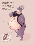  2019 anthro antlers balls bdsm belly big_belly cervid cervine chastity_cage chastity_device dialogue digital_drawing_(artwork) digital_media_(artwork) embarrassed english_text fur harness horn male mammal multicolored_body multicolored_fur nipples nude overweight overweight_male pawpadpup pawpadpup_(characters) penis petplay ponyplay roleplay simple_background solo text varmint 