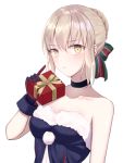  1girl artoria_pendragon_(all) bangs bare_shoulders black_dress black_gloves black_santa_costume blonde_hair blush box braid breasts choker closed_mouth collarbone dress fate/grand_order fate_(series) french_braid fur-trimmed_dress gift gift_box gloves hair_between_eyes hair_bun highres long_hair looking_at_viewer medium_breasts meltymaple santa_alter santa_costume sidelocks simple_background solo white_background yellow_eyes 