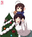  2girls :3 absurdres ahoge alternate_costume artist_logo bangs bauble black_hair blue_eyes blue_hoodie blush box brown_hair candy candy_cane carrying child christmas christmas_ornaments christmas_tree commentary_request dated food gift gift_box hair_ornament highres hood hood_down hoodie kanon_(kurogane_knights) kantai_collection long_sleeves multiple_girls open_mouth red_eyes ribbed_sweater shigure_(kantai_collection) short_hair shoulder_carry simple_background smile star sweater turtleneck turtleneck_sweater white_background white_sweater yamashiro_(kantai_collection) younger 