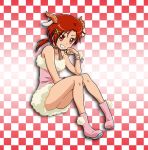  1girl boots checkered checkered_background choker collarbone dress fur-trimmed_dress grey_ribbon grin hair_ornament hino_akane_(smile_precure!) horns niita pink_dress pink_footwear pink_ribbon precure red_eyes red_hair ribbon ribbon_choker shiny shiny_hair short_dress short_hair short_ponytail sitting sleeveless sleeveless_dress smile smile_precure! solo wrist_ribbon x_hair_ornament 