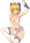  1girl ahoge arm_grab artoria_pendragon_(all) bangs bare_shoulders blonde_hair blue_bow bow bra breasts collarbone commentary_request elbow_gloves eyebrows_visible_through_hair fate/grand_order fate_(series) frown garter_belt gloves green_eyes hair_bow looking_at_viewer panties ponytail revision saber simple_background small_breasts solo_focus thighhighs tsuki_suigetsu underwear white_background white_bra white_gloves white_legwear white_panties 